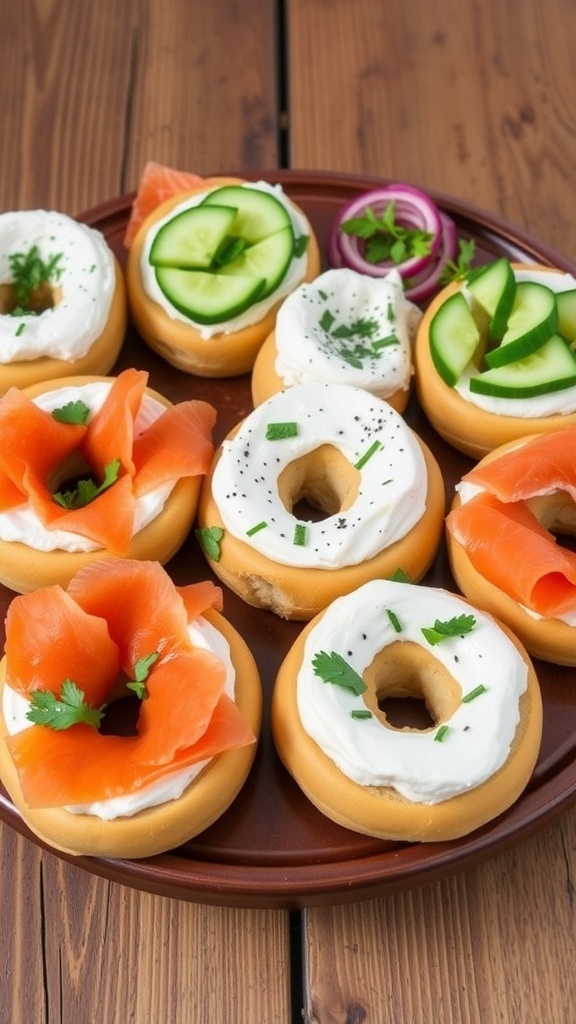 A platter of bagels with assorted fillings including smoked salmon, cream cheese, and fresh vegetables.